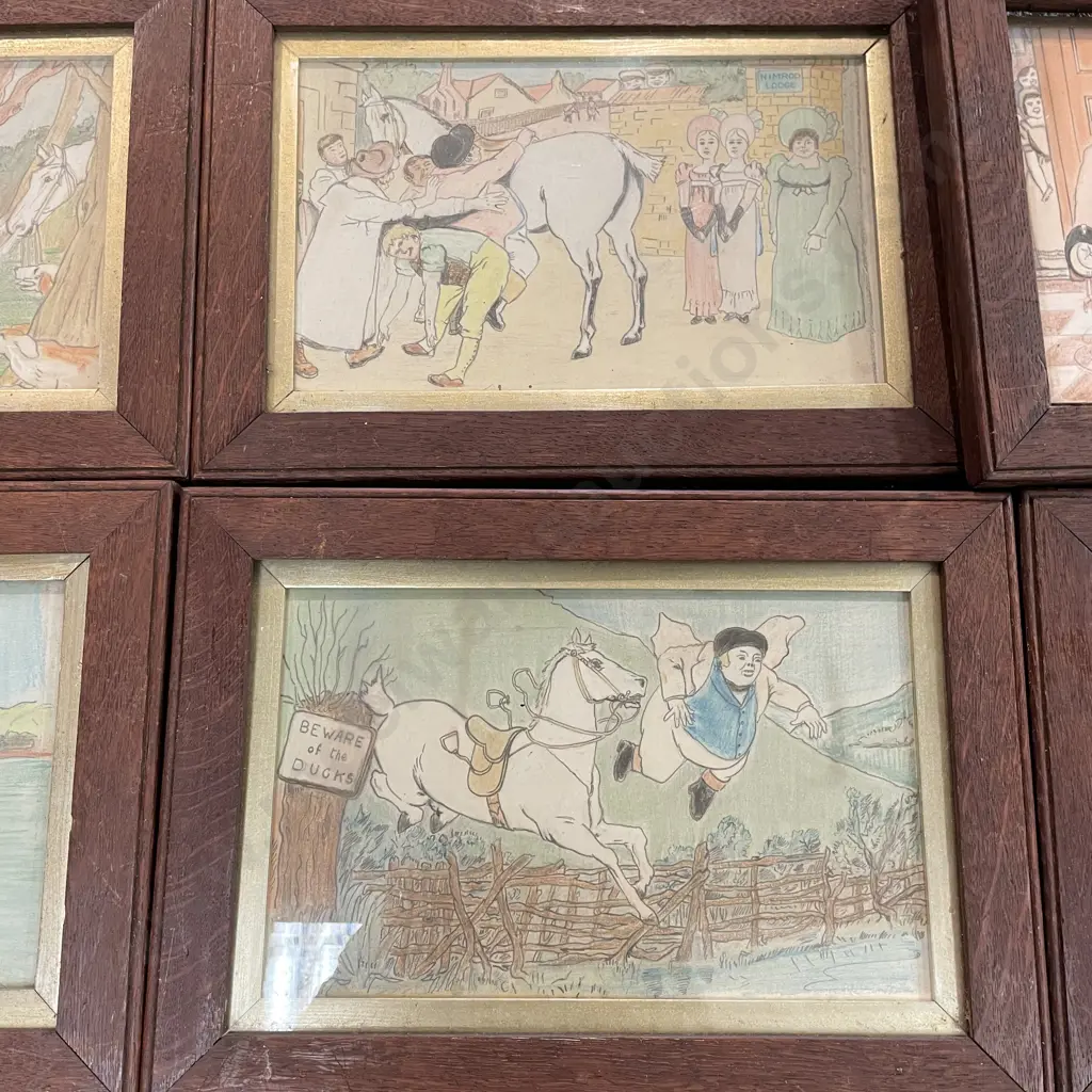 Set of 6 Vintage Oak Framed Glazed art works, comical scenes. 40 x 28cm incl frame. 1 unglazed Image 1++