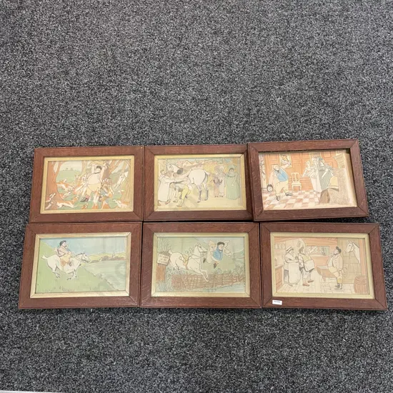 Set of 6 Vintage Oak Framed Glazed art works, comical scenes. 40 x 28cm incl frame. 1 unglazed