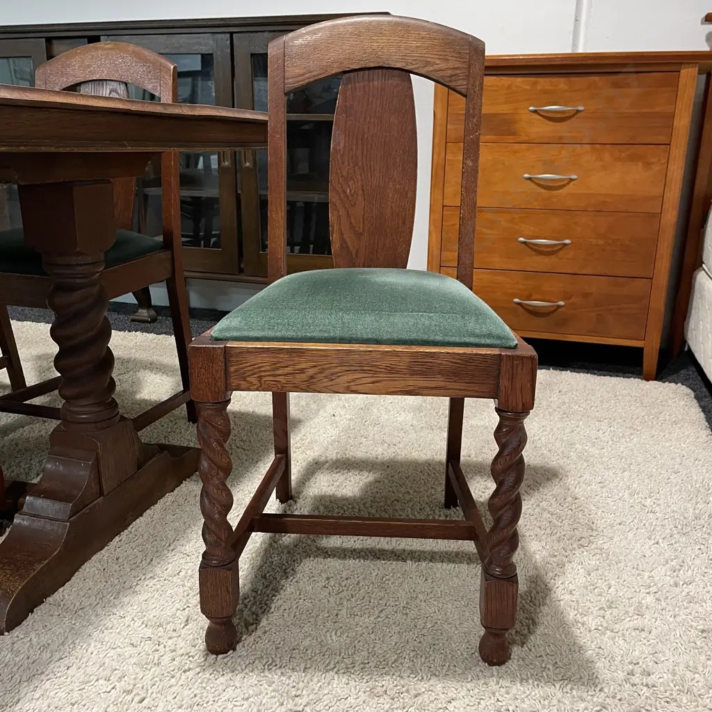 Vintage 7 Piece Dining Suite. Green Fabric Seats, Barley Twist Front Chair Legs and Table Twin Pillars. 152 x 79cm Image 1++