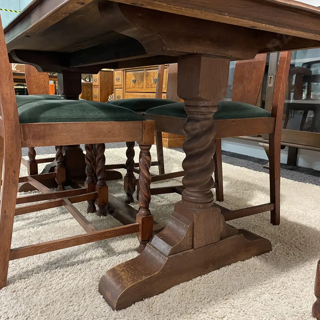 Vintage 7 Piece Dining Suite. Green Fabric Seats, Barley Twist Front Chair Legs and Table Twin Pillars. 152 x 79cm Image 1++