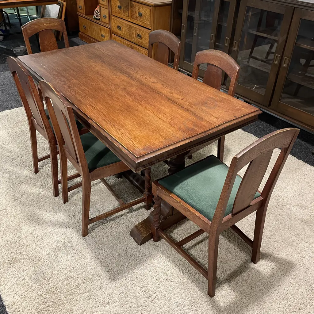 Vintage 7 Piece Dining Suite. Green Fabric Seats, Barley Twist Front Chair Legs and Table Twin Pillars. 152 x 79cm Image 1++