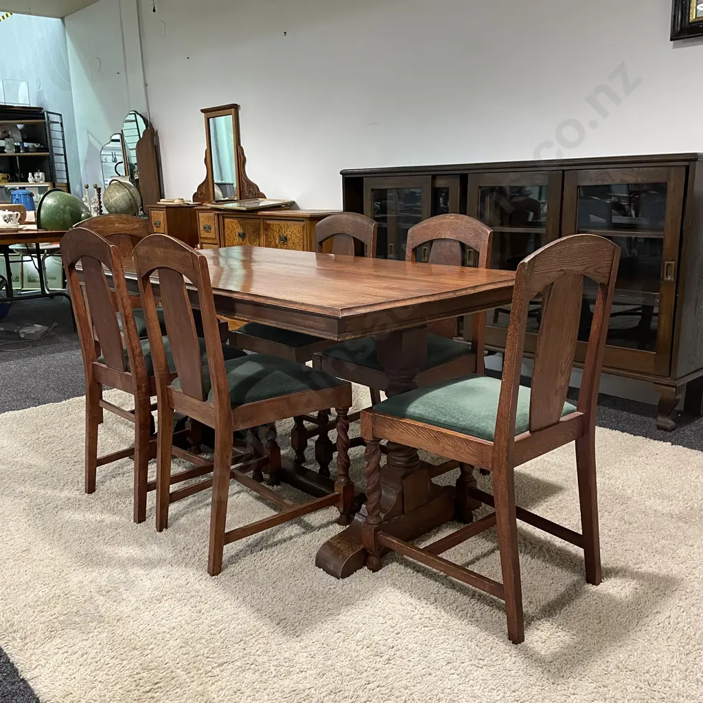 Vintage 7 Piece Dining Suite. Green Fabric Seats, Barley Twist Front Chair Legs and Table Twin Pillars. 152 x 79cm Image 1++
