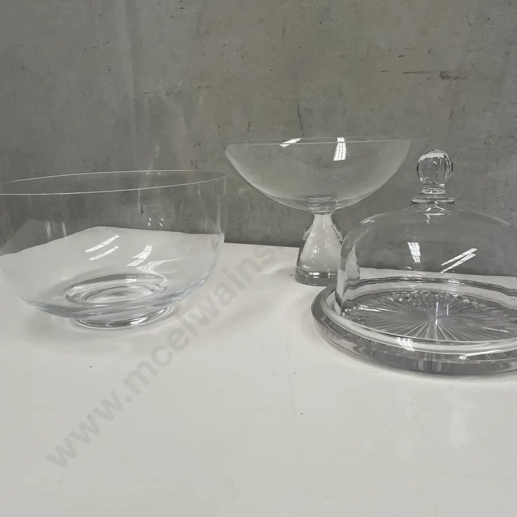Modernist Glass Items: Cheese Keep, Bowl and Mid Century Pedestal Bowl Image 1++