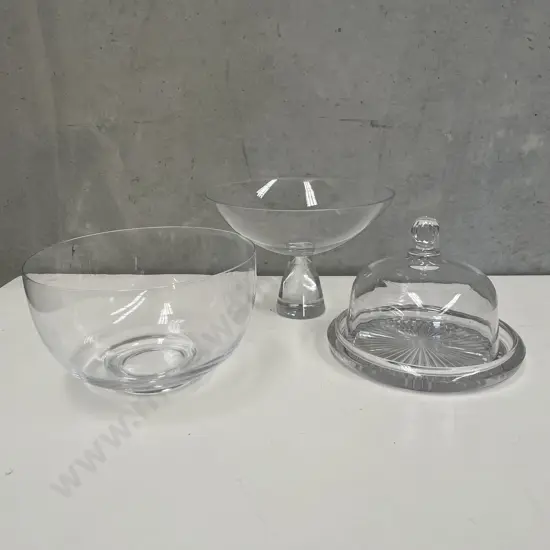 Modernist Glass Items: Cheese Keep, Bowl and Mid Century Pedestal Bowl