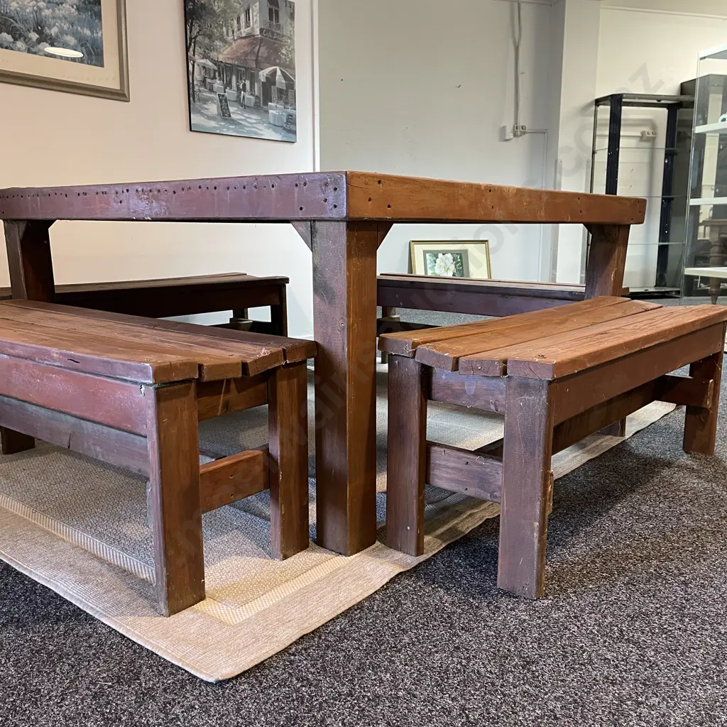 Large 5 Piece Solid Wood Outdoor Setting. Table 147 x 150, H78cm. Bench Seats L120cm Image 1++