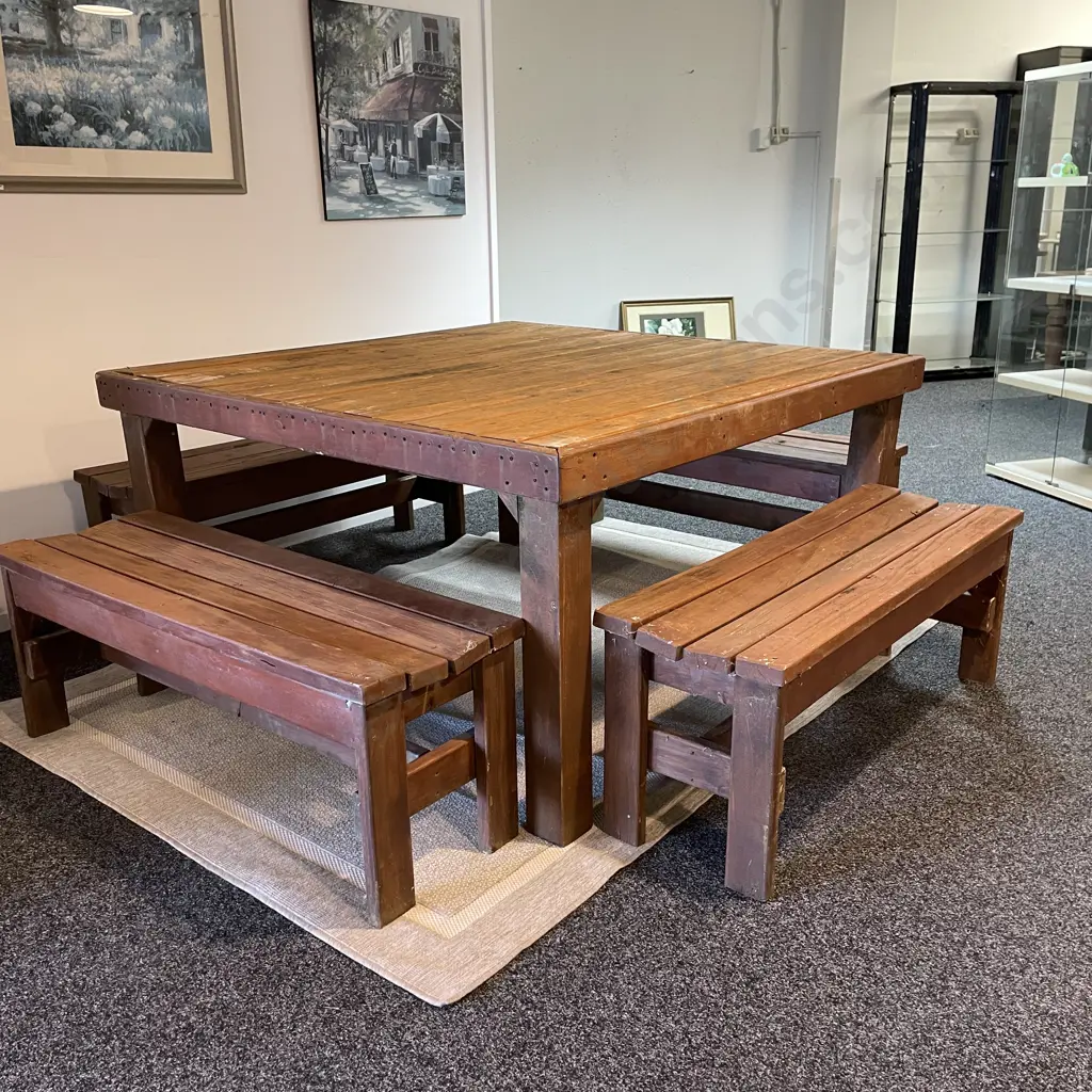 Large 5 Piece Solid Wood Outdoor Setting. Table 147 x 150, H78cm. Bench Seats L120cm Image 1++