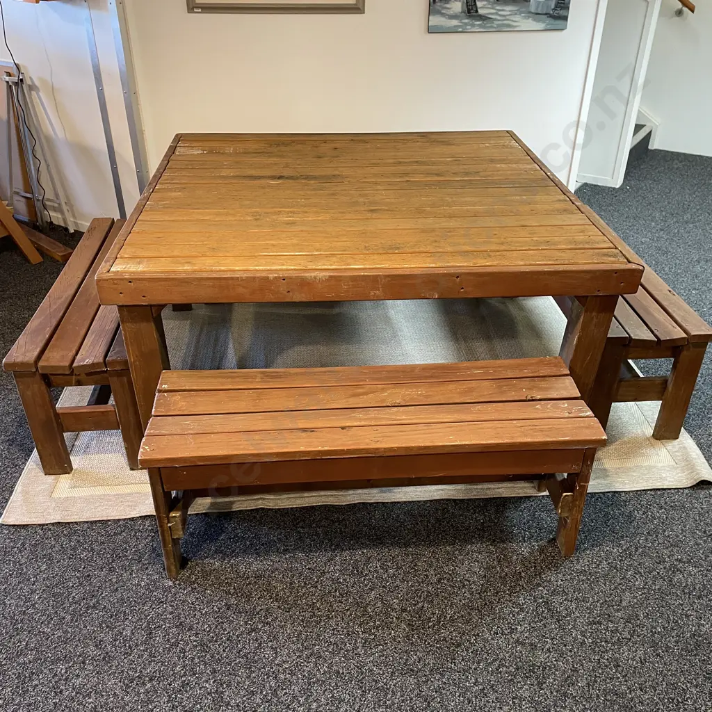 Large 5 Piece Solid Wood Outdoor Setting. Table 147 x 150, H78cm. Bench Seats L120cm Image 1++