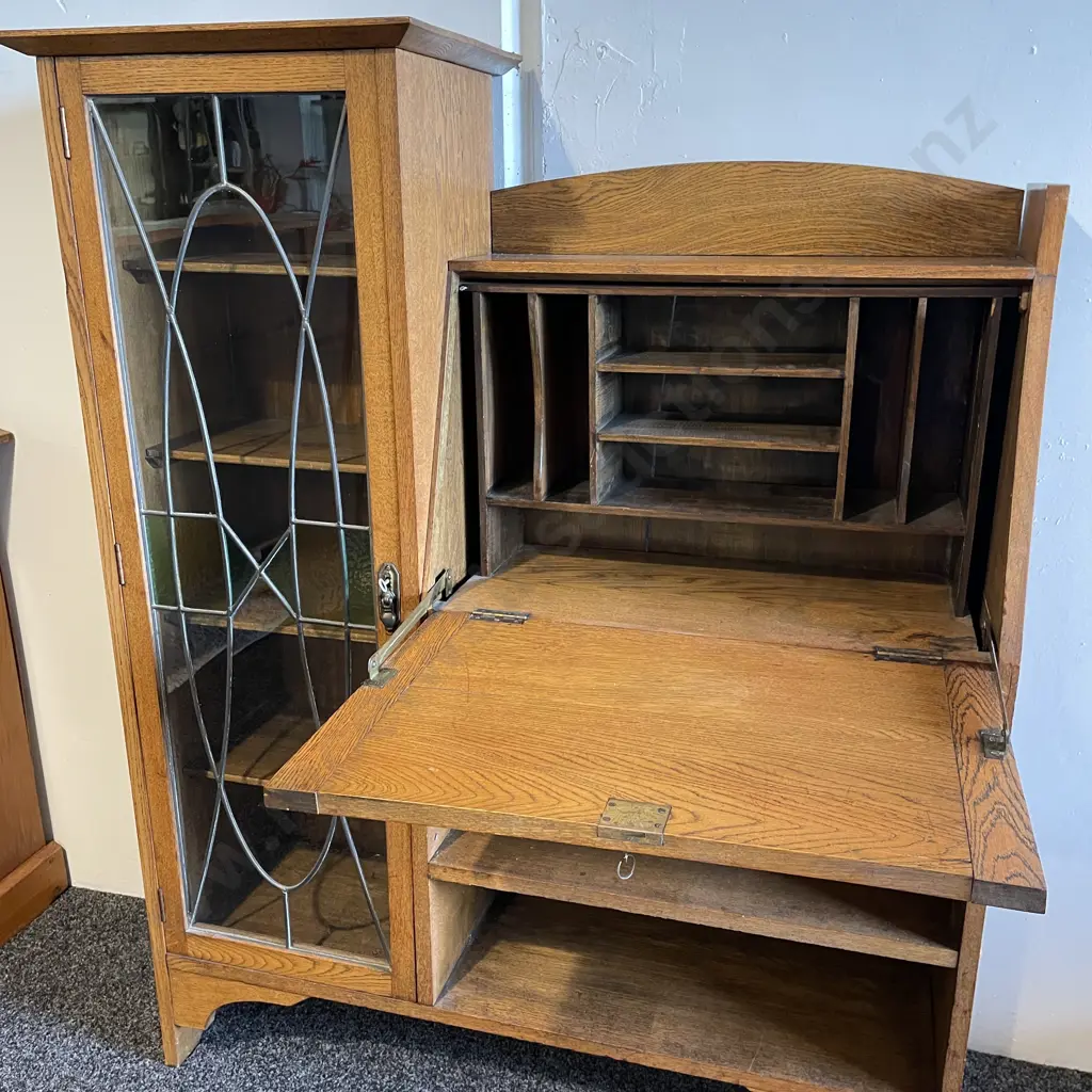 Art Deco Solid Oak Writing Desk/Leadlight Book Cabinet. H137 W113 D36cm Image 1++