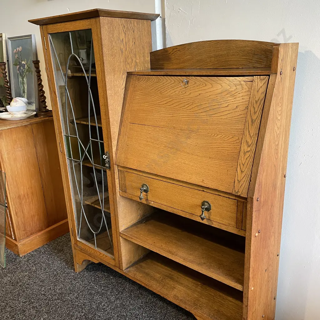 Art Deco Solid Oak Writing Desk/Leadlight Book Cabinet. H137 W113 D36cm Image 1++