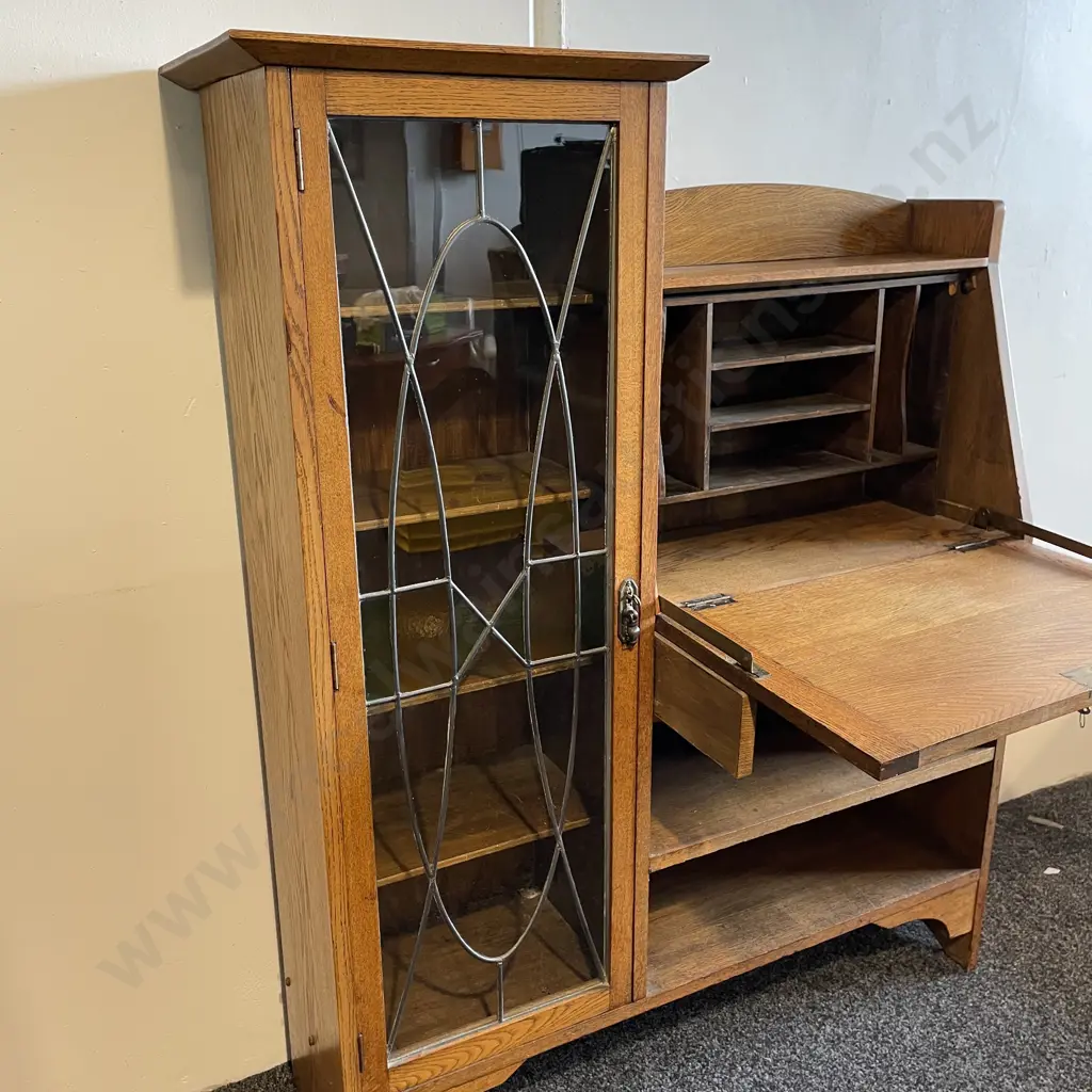 Art Deco Solid Oak Writing Desk/Leadlight Book Cabinet. H137 W113 D36cm Image 1++
