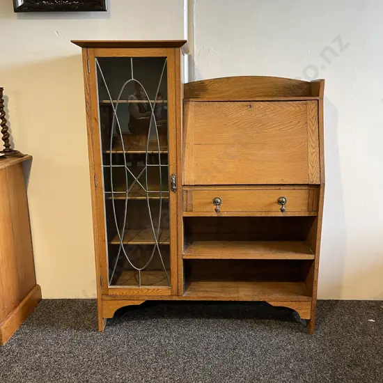 Art Deco Solid Oak Writing Desk/Leadlight Book Cabinet. H137 W113 D36cm