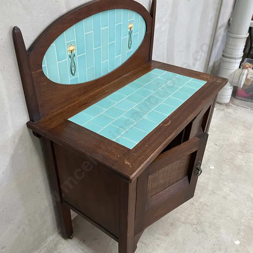 Vintage Solid Wood 2 Door Bathroom Vanity. Teal tiles back and top. H114 W92 D50cm Image 1++