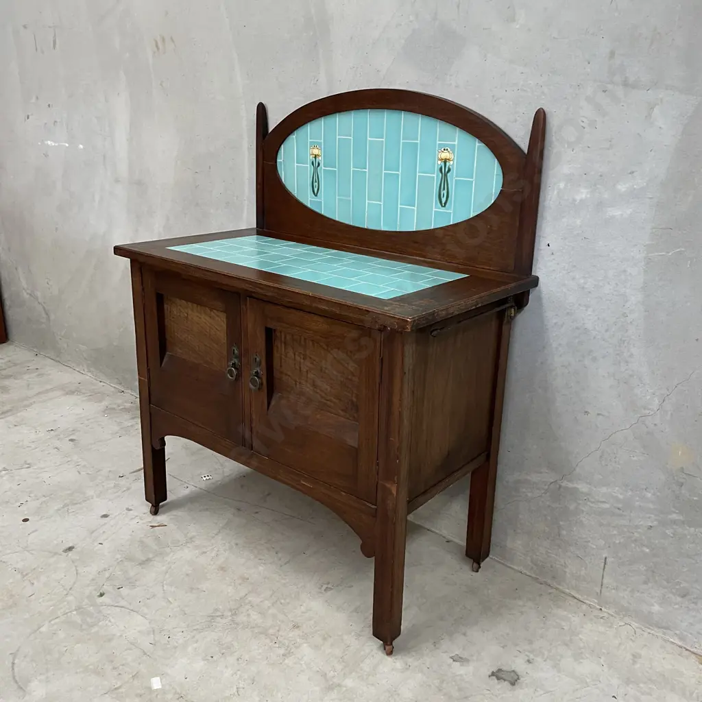 Vintage Solid Wood 2 Door Bathroom Vanity. Teal tiles back and top. H114 W92 D50cm Image 1++