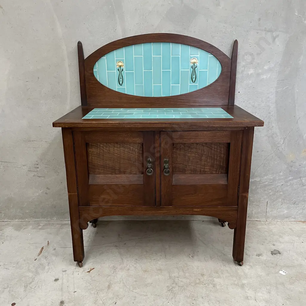 Vintage Solid Wood 2 Door Bathroom Vanity. Teal tiles back and top. H114 W92 D50cm Image 1++