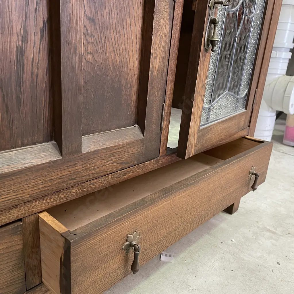 Art Deco Solid Oak Bow Front Buffet with 2 Lead Light Doors. MIrror Back. H113 W135 D55cm Image 1++