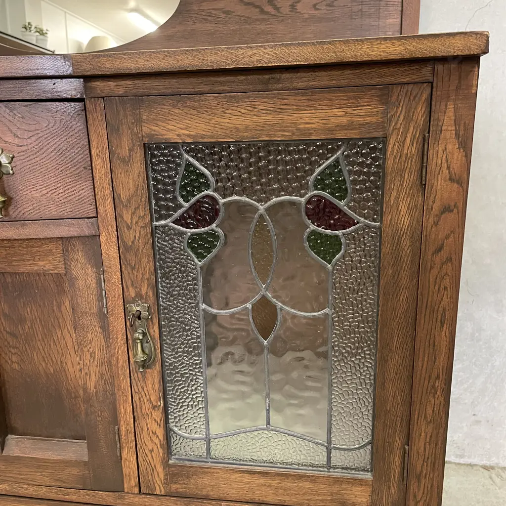 Art Deco Solid Oak Bow Front Buffet with 2 Lead Light Doors. MIrror Back. H113 W135 D55cm Image 1++