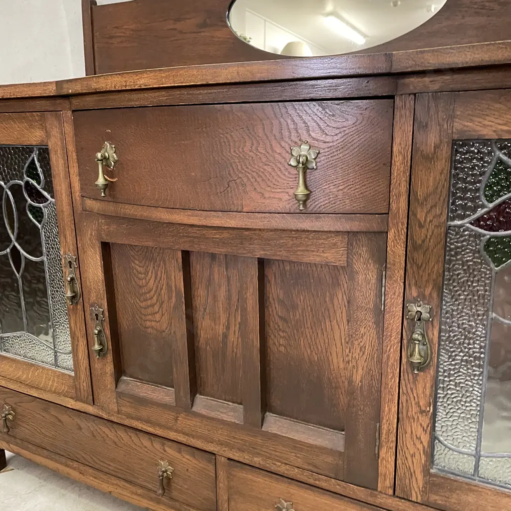 Art Deco Solid Oak Bow Front Buffet with 2 Lead Light Doors. MIrror Back. H113 W135 D55cm Image 1++