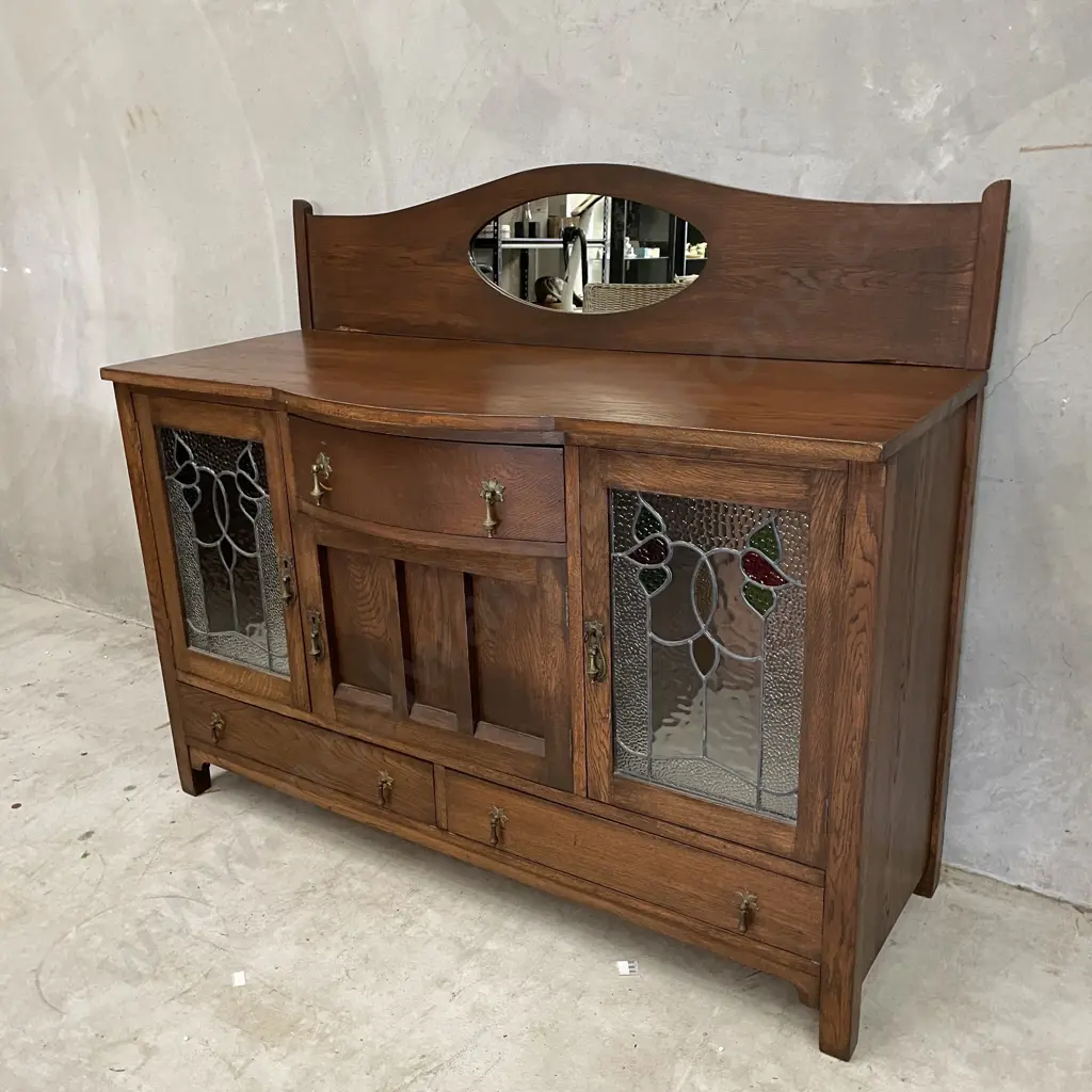 Art Deco Solid Oak Bow Front Buffet with 2 Lead Light Doors. MIrror Back. H113 W135 D55cm Image 1++