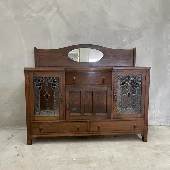 Art Deco Solid Oak Bow Front Buffet with 2 Lead Light Doors. MIrror Back. H113 W135 D55cm