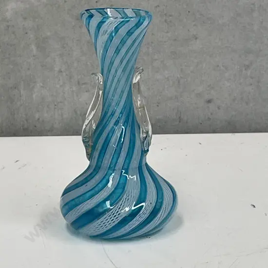 Vintage Murano Art Glass Zanfirico Ribbon Latticino two handled Vase H11cm