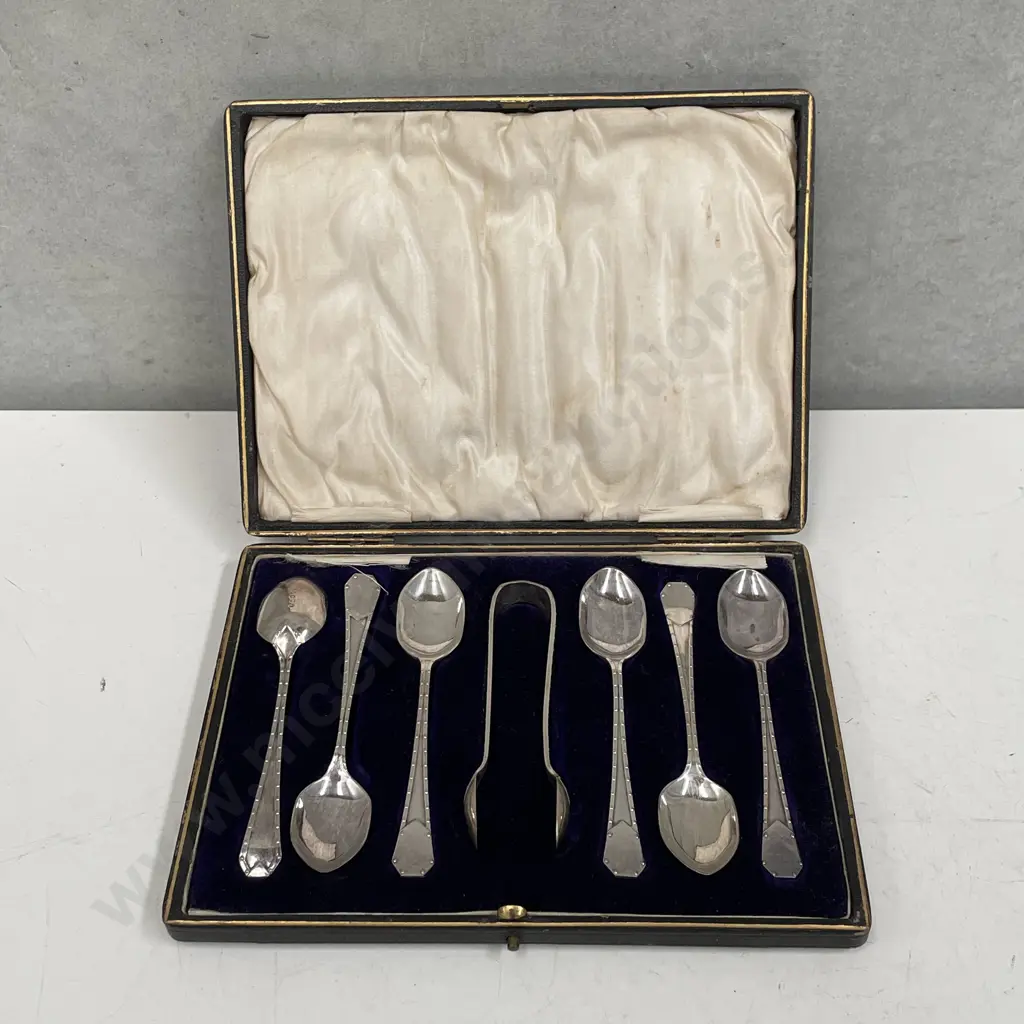 Vintage Boxed set of 6 Sterling Silver Teaspoons and Tongs. Hallmarked as shown Image 1++