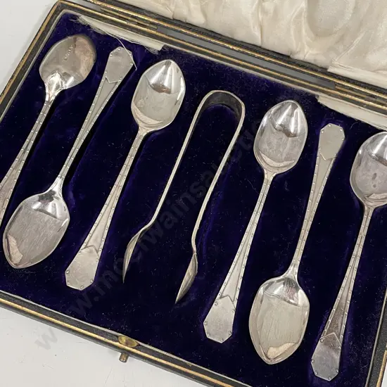 Vintage Boxed set of 6 Sterling Silver Teaspoons and Tongs. Hallmarked as shown