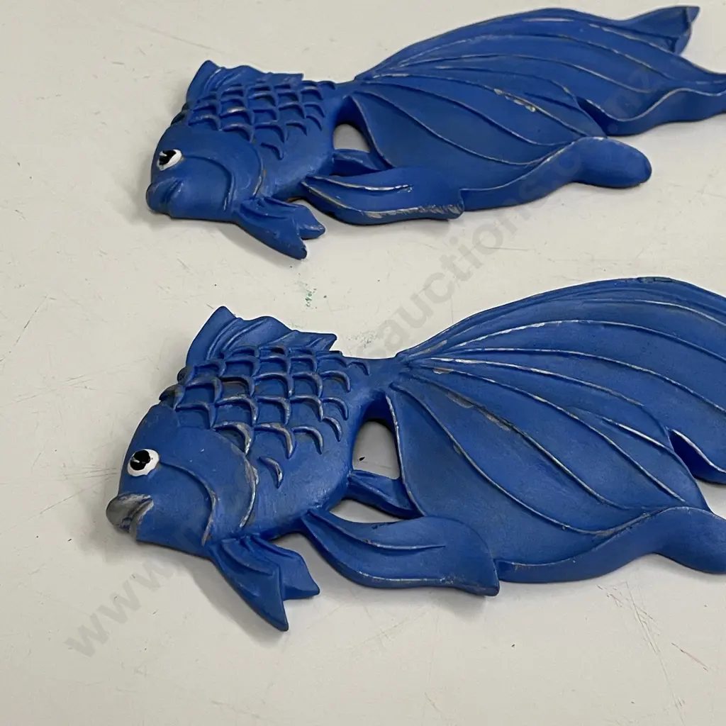 Two Decorative Wall Hung Blue painted Fish Image 1++