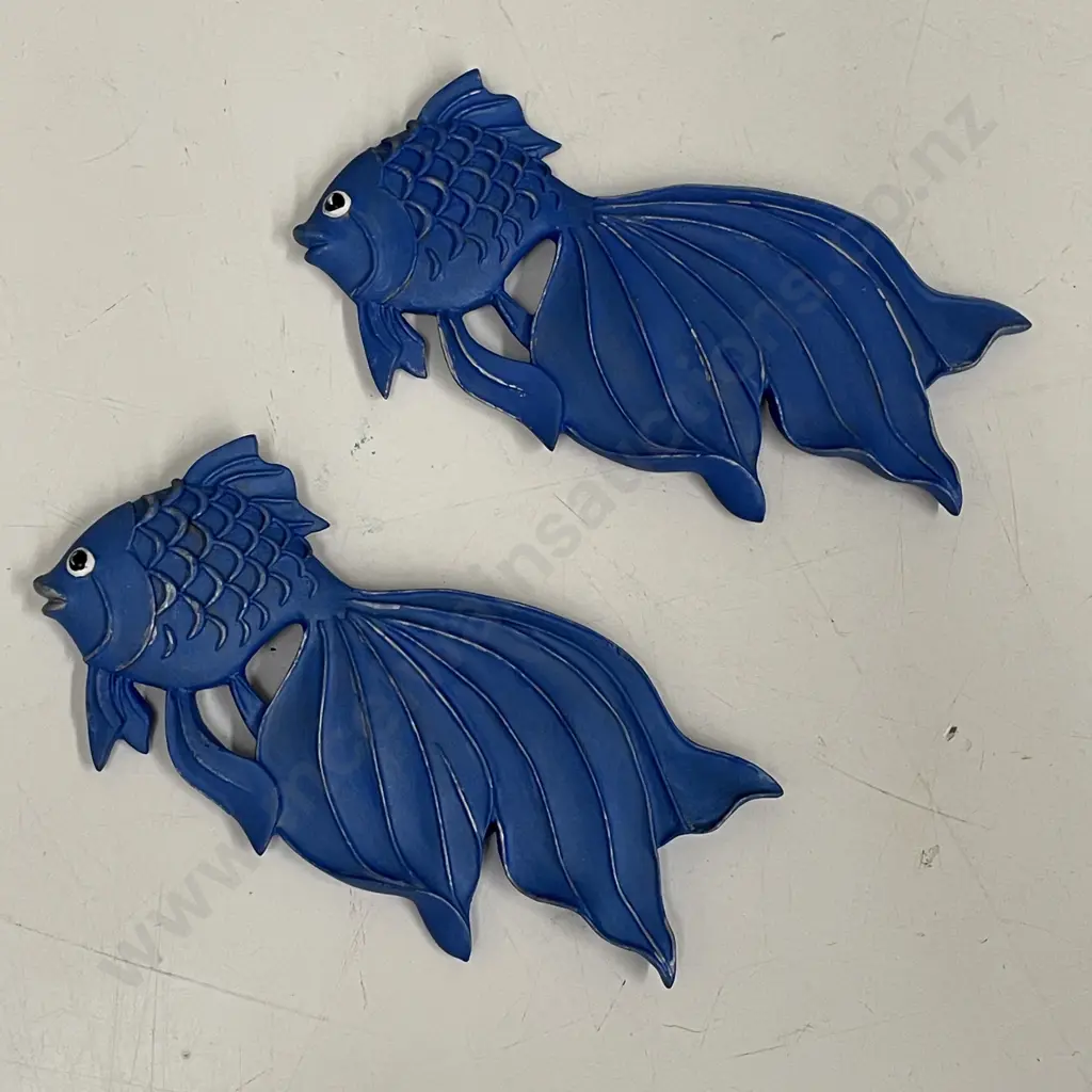 Two Decorative Wall Hung Blue painted Fish Image 1++