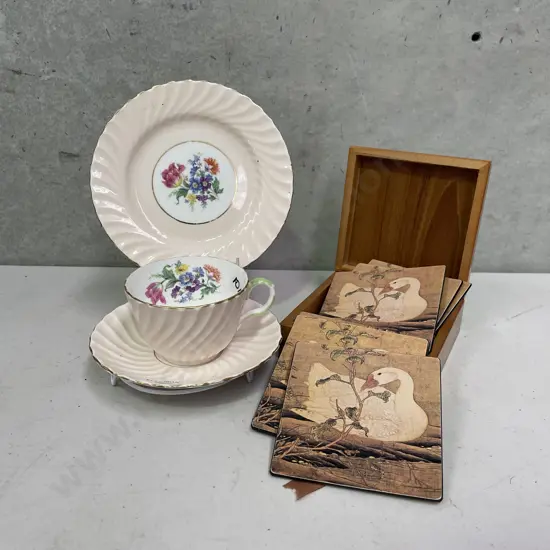 Aynsley Trio with Boxed Lacquered Coasters, Duck Theme