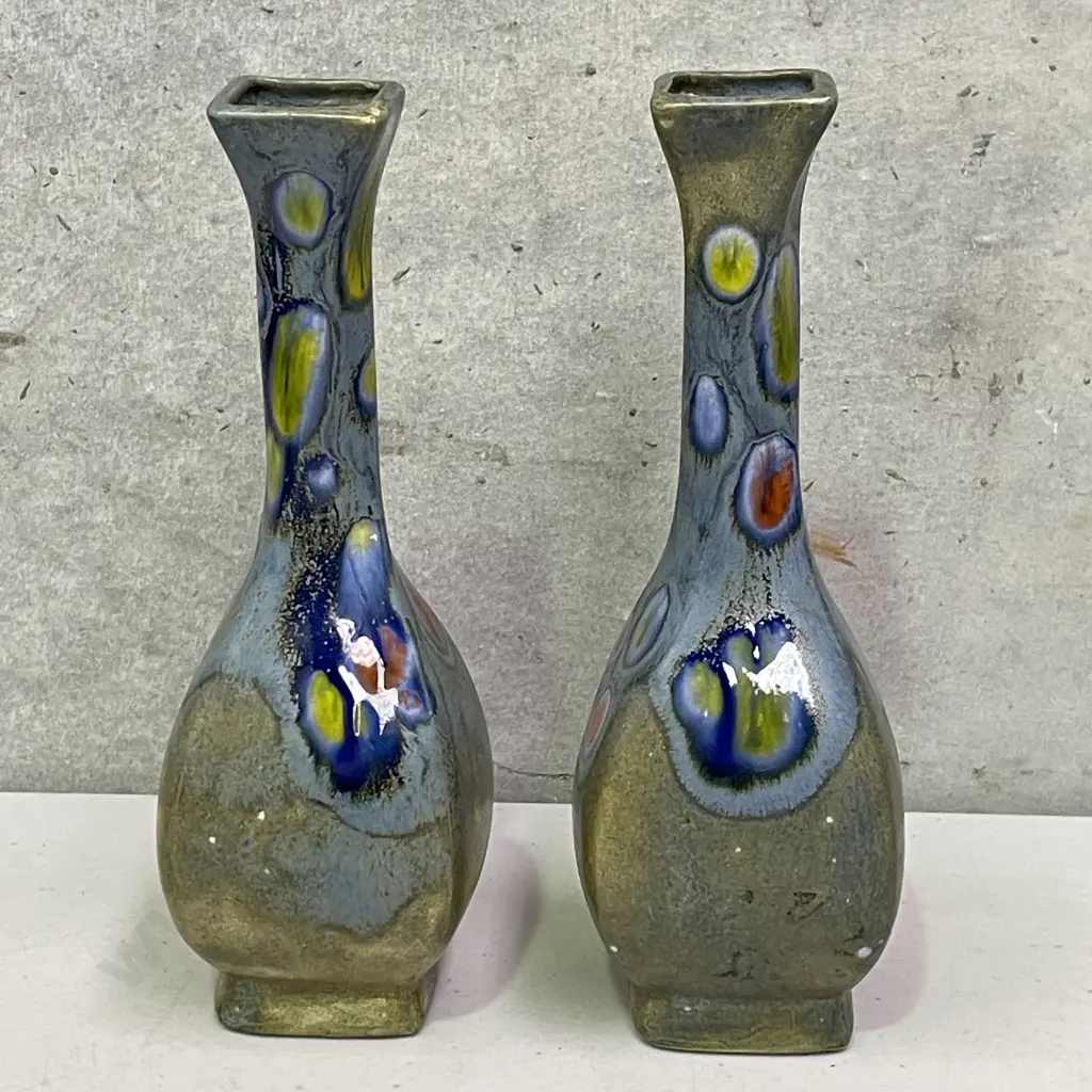 Pair of signed Art Pottery Vases with Glazed decoration, H20 Image 1++