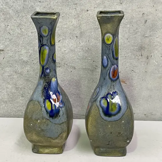 Pair of signed Art Pottery Vases with Glazed decoration, H20