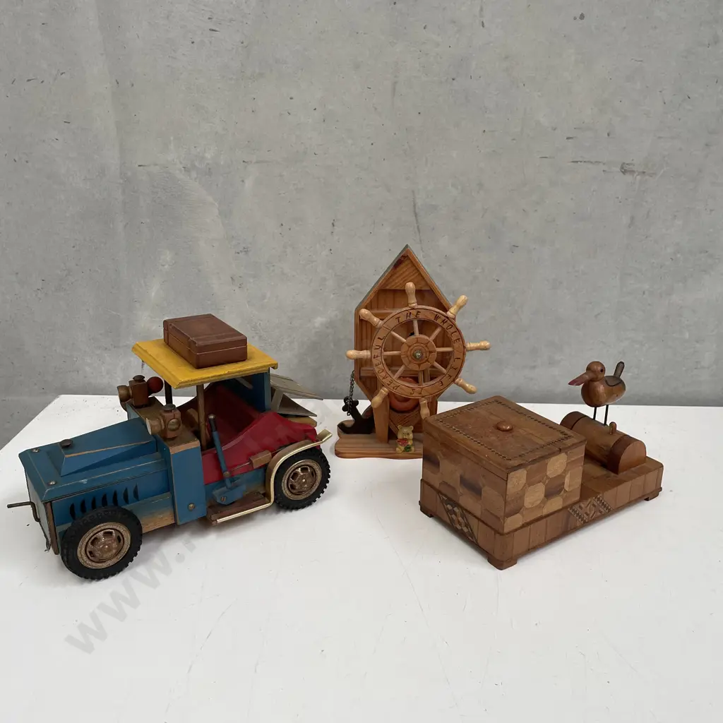 Vintage Woodenware items: Cigarette Dispenser, Ships Wheel Ornament and Musical Car Image 1++