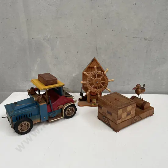 Vintage Woodenware items: Cigarette Dispenser, Ships Wheel Ornament and Musical Car