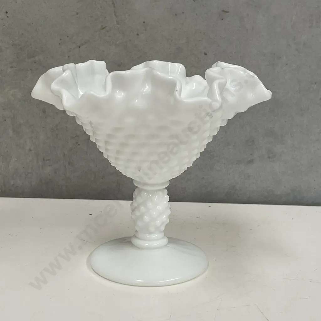 Vintage Fenton White Glass Pedestal Sweet Compote. Dimpled with ruffled edge. H13cm Image 1++