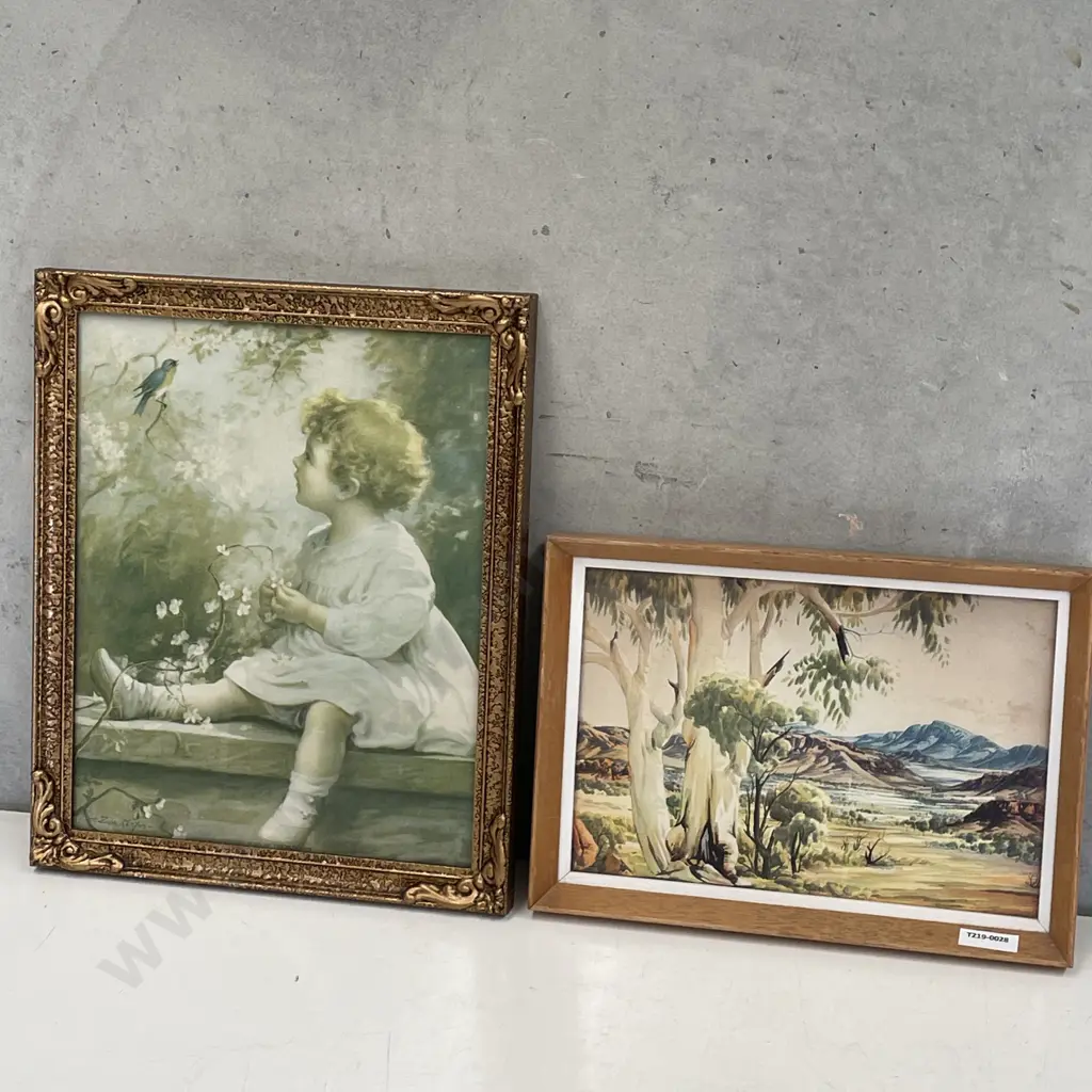 Two vintage Artworks.  Gilded framed Zula Kenyon Print with Albert Namatjira Print of Australian Landscape Image 1++