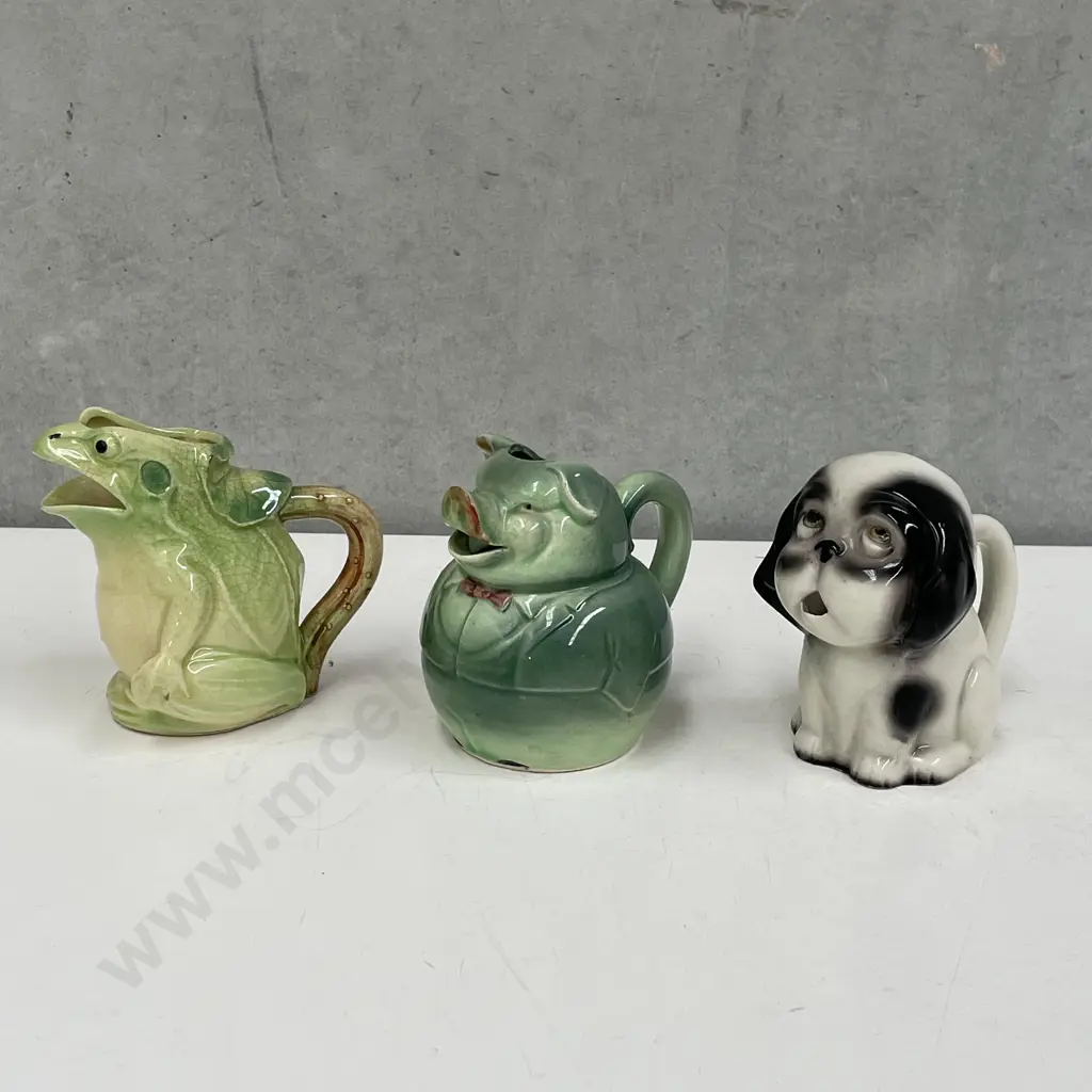 3 x Vintage Figural Jugs: Frog, Pig in Tuxedo and Dog Image 1++