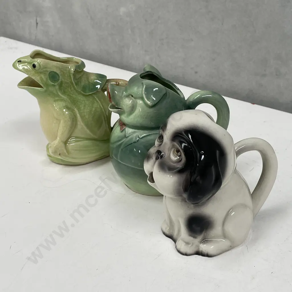 3 x Vintage Figural Jugs: Frog, Pig in Tuxedo and Dog Image 1++