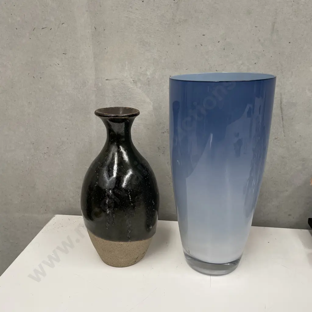 Signed Pottery Vase H21cm with Mid Century Style Glass Vase H50cm Image 1++