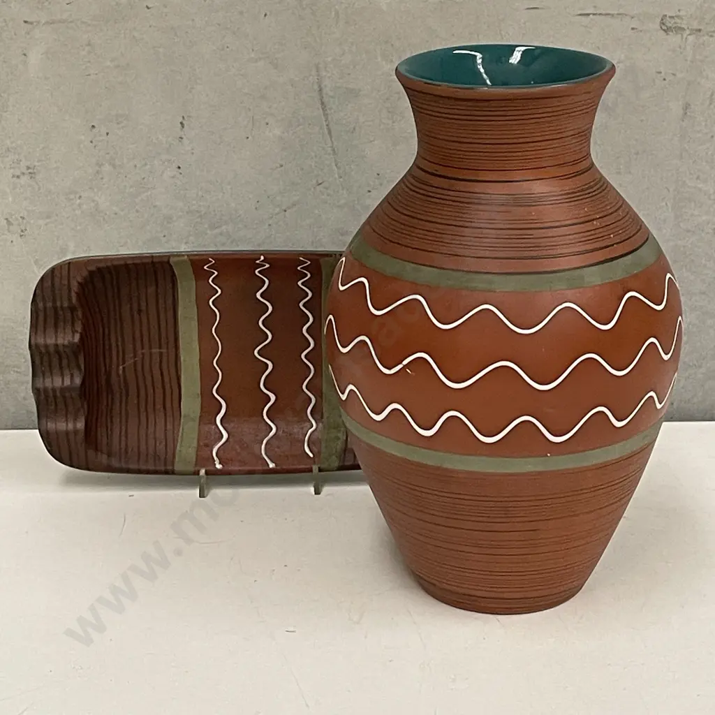 Mid Century Austrian Art Pottery Vase H26cm with matching dish Image 1++