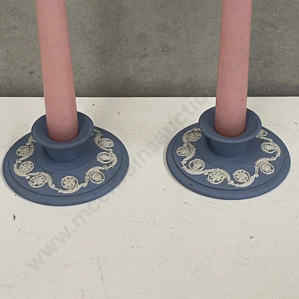 Pair Wedgwood Blue Jasperware Candlesticks Image 1++