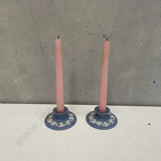 Pair Wedgwood Blue Jasperware Candlesticks