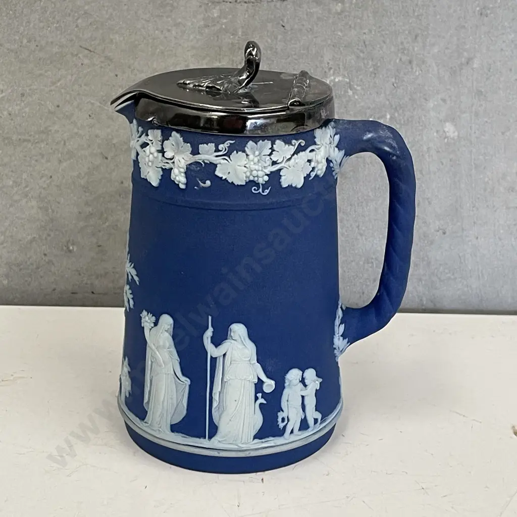Antique Wedgwood Dark Blue Jasperware Silverplate lidded Jug. H15cm Image 1++