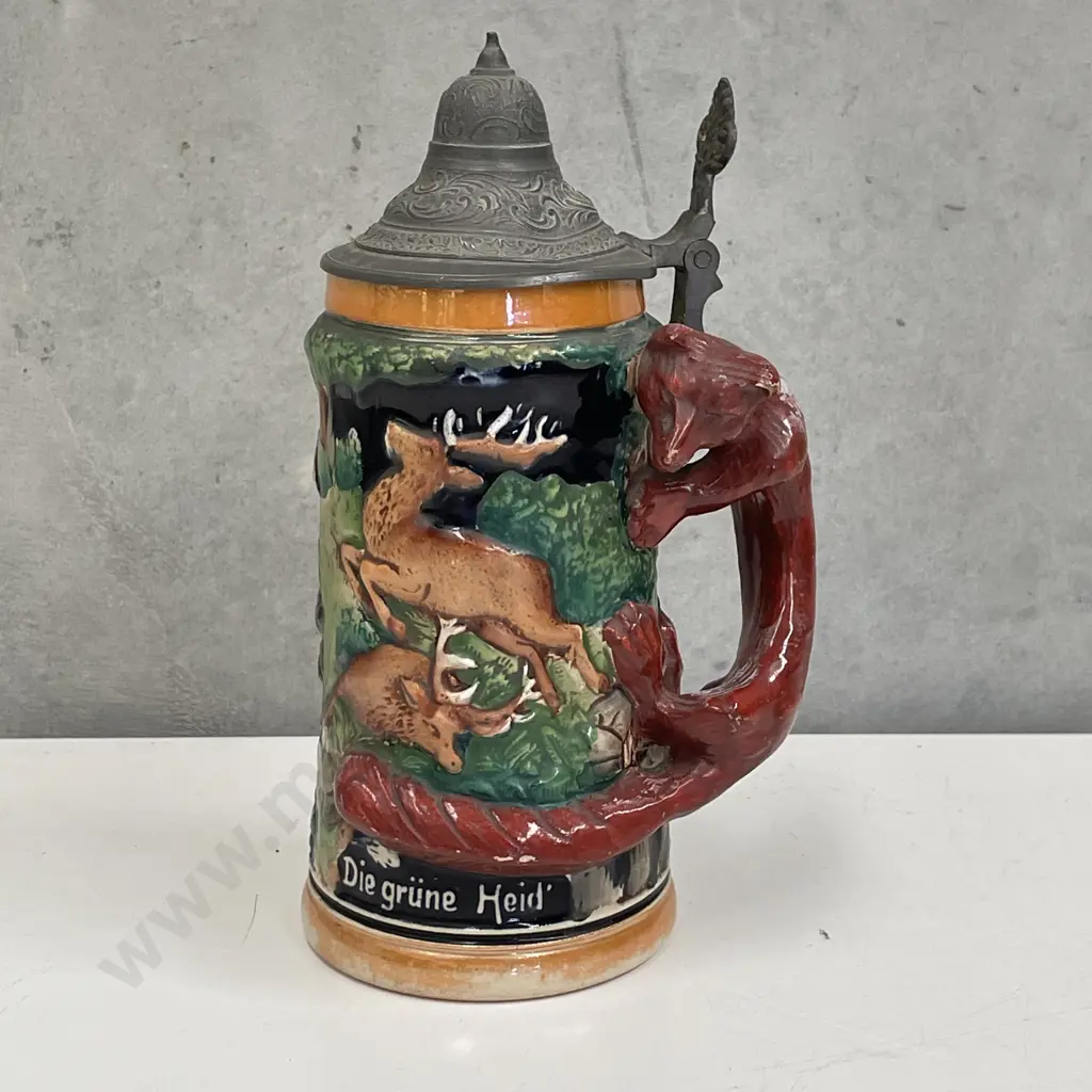 Rare Vintage German Pottery Stein.  Handpainted and relief decoration with Fox handle. H22cm Image 1++
