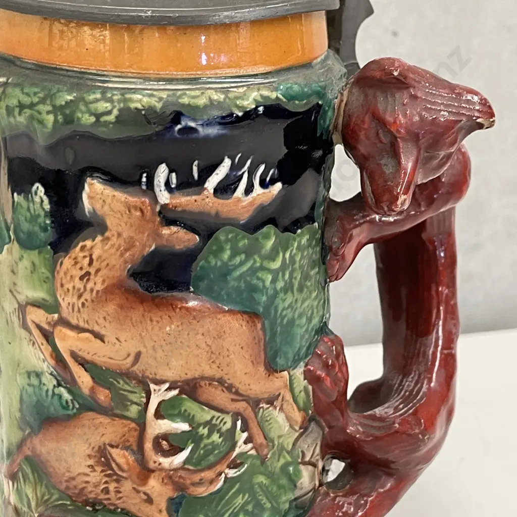 Rare Vintage German Pottery Stein.  Handpainted and relief decoration with Fox handle. H22cm Image 1++