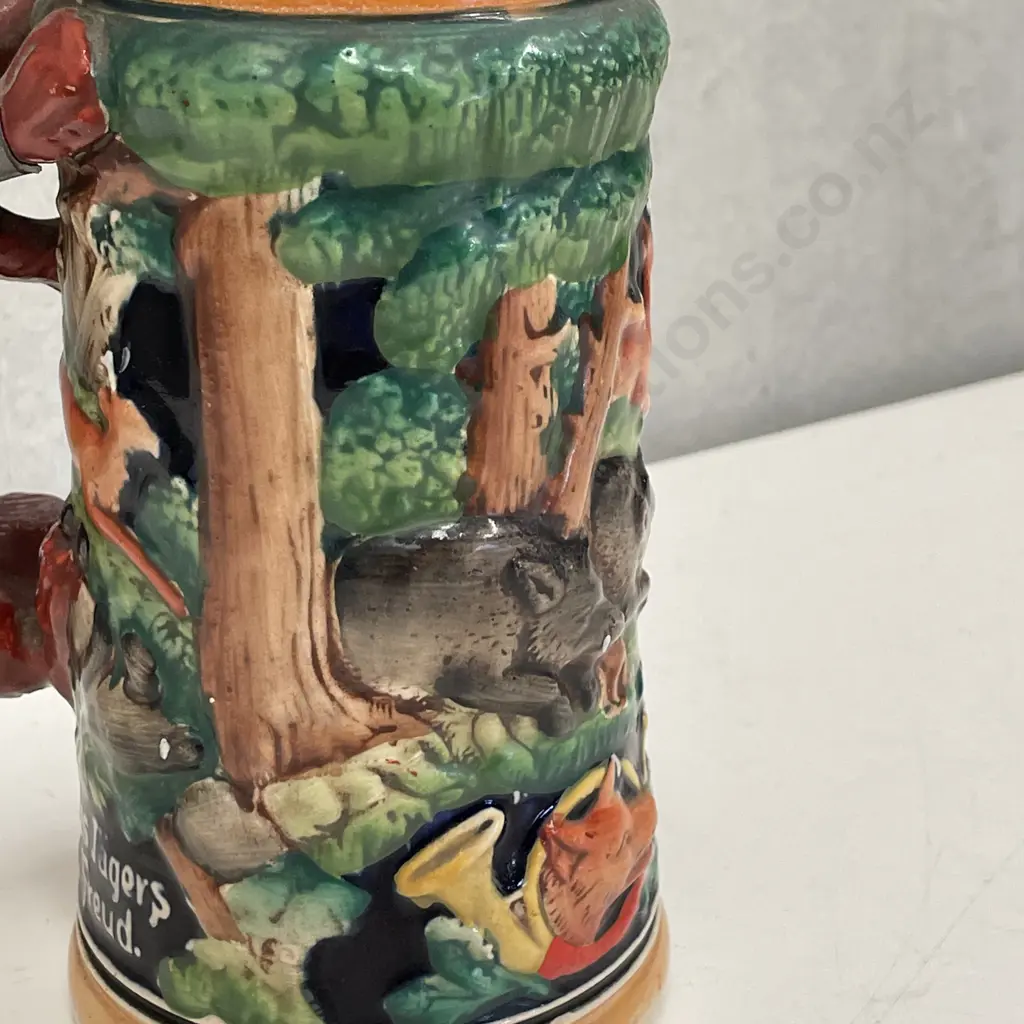Rare Vintage German Pottery Stein.  Handpainted and relief decoration with Fox handle. H22cm Image 1++