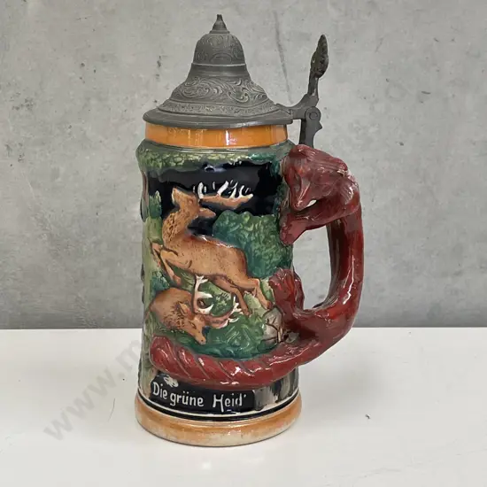Rare Vintage German Pottery Stein.  Handpainted and relief decoration with Fox handle. H22cm
