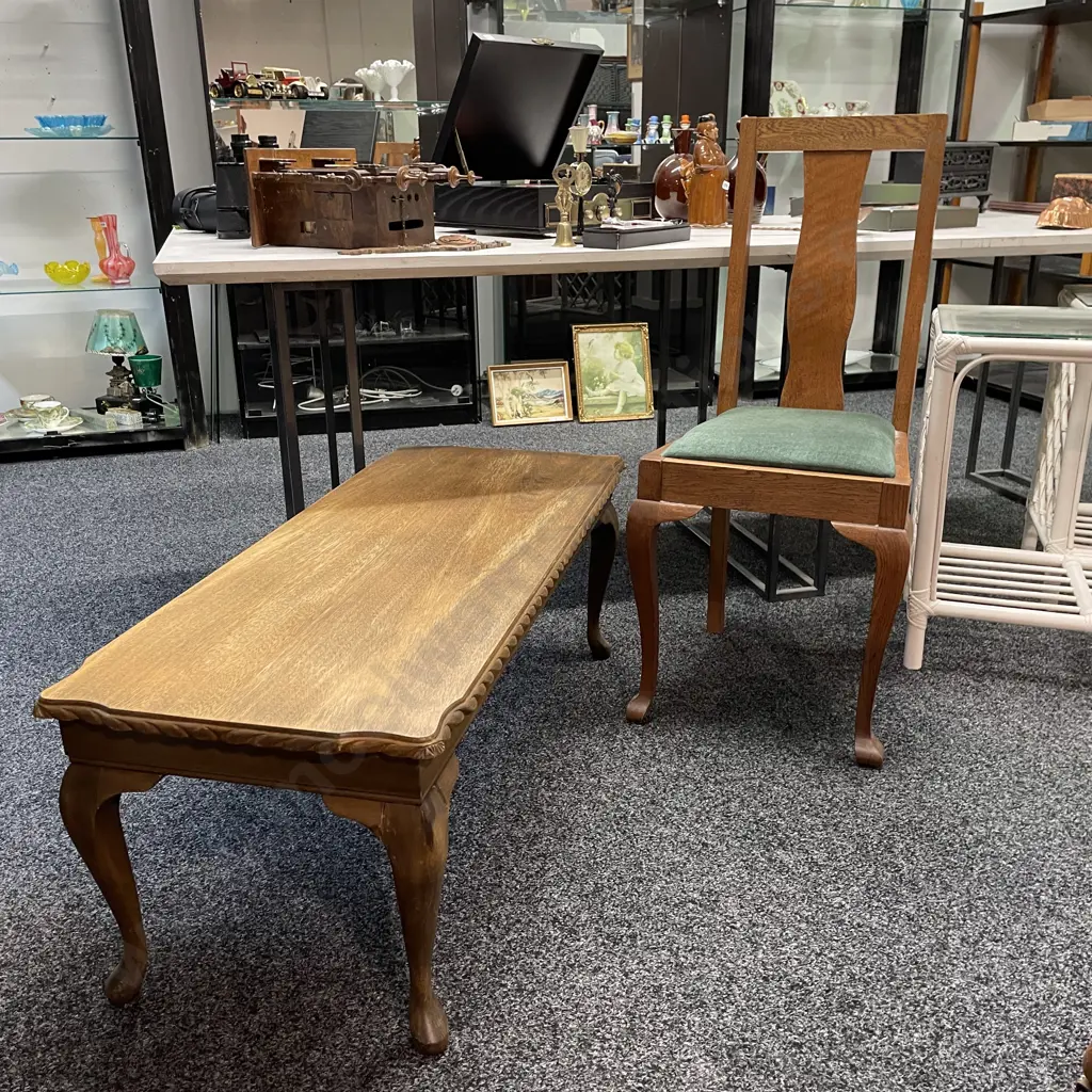 Vintage Solid Mahogany Wave Edge Coffee Table, L106 W44 H39cm with Vintage Oak Dining Chair Image 1++