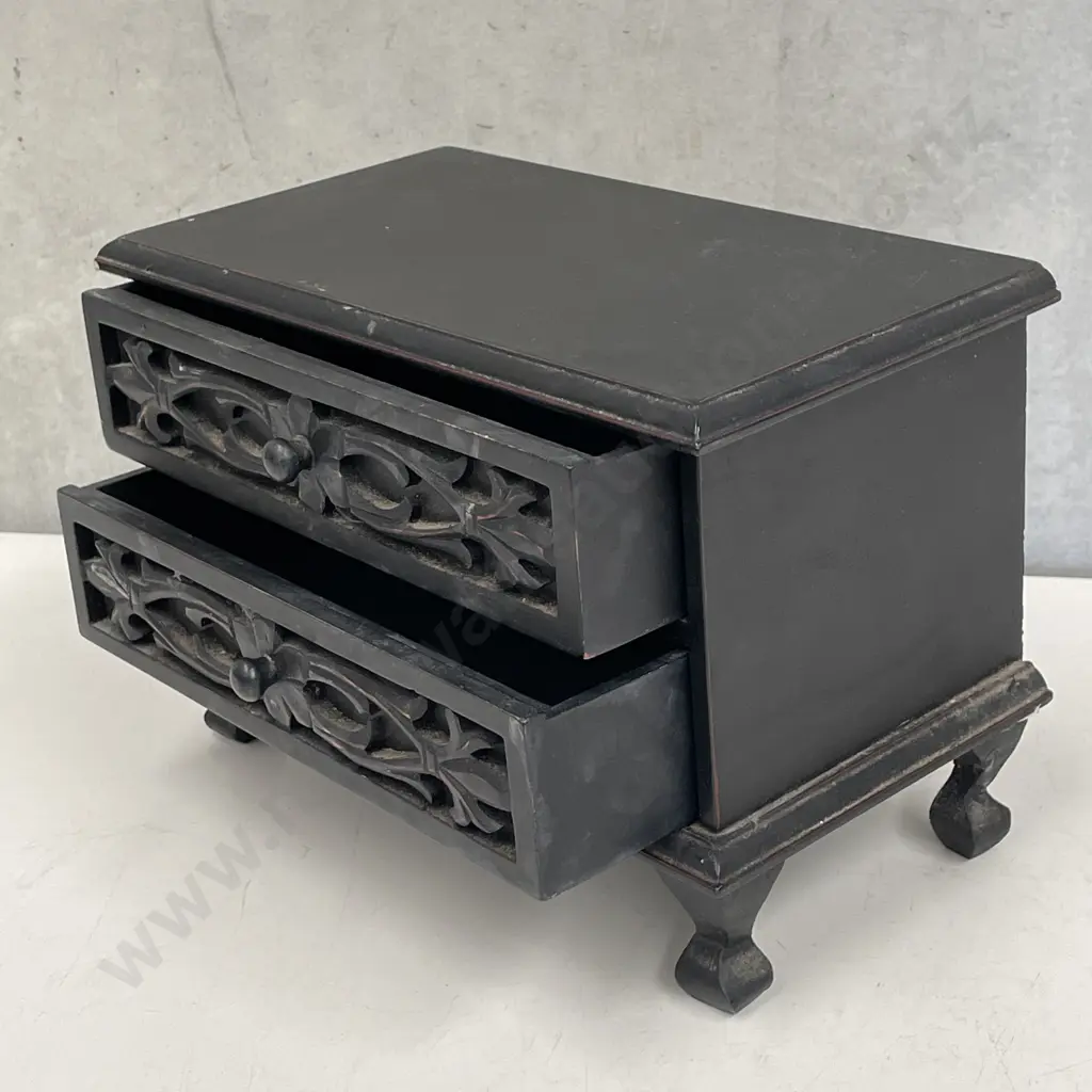 Black Carved Wooden 2 drawer Jewellery box on 4 feet. H17, W25, D14cm Image 1++