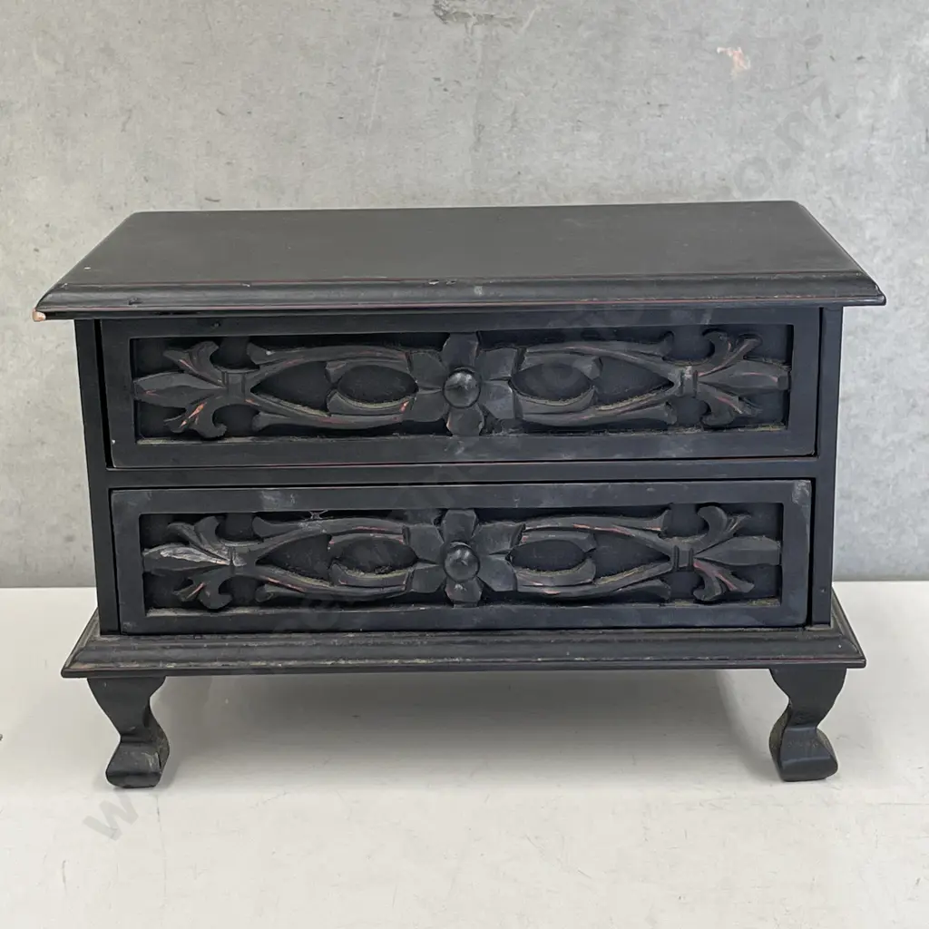 Black Carved Wooden 2 drawer Jewellery box on 4 feet. H17, W25, D14cm Image 1++