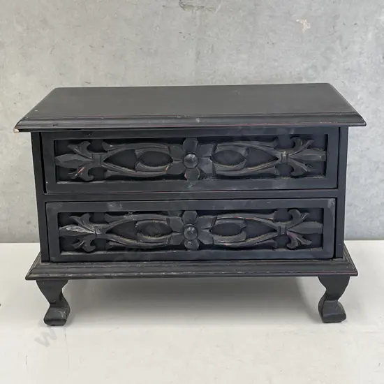Black Carved Wooden 2 drawer Jewellery box on 4 feet. H17, W25, D14cm
